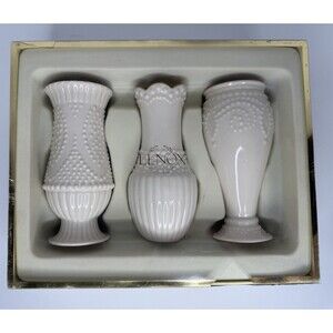 Lenox Beaded Bud Vases with Gold Rim 5", set of 3, in box, Grannycore